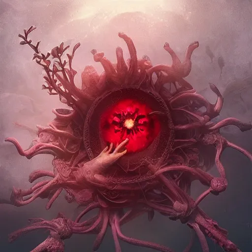 Image similar to a beautiful but creepy and haunting looking flower with a glowing red center, growing deep under the sea. Digital art, oil painting, insanely detailed and intricate, beautiful, haunting, trending on artstation, 8k hd