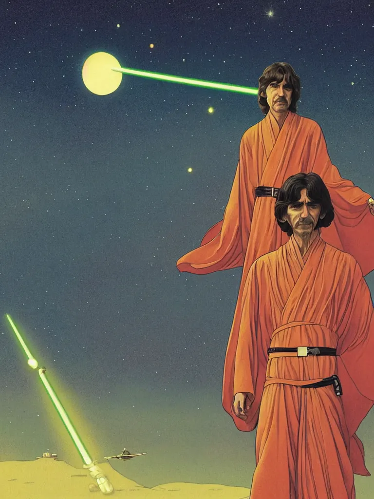 Prompt: a picture of george harrison as a jedi, taking mind altering drugs, a blotter paper of lsd acid and dreaming psychedelic hallucinations in a vast star wars landscape, by kawase hasui, moebius, edward hopper, colorful flat surreal design, dramatic lighting, hd, 8 k, artstation