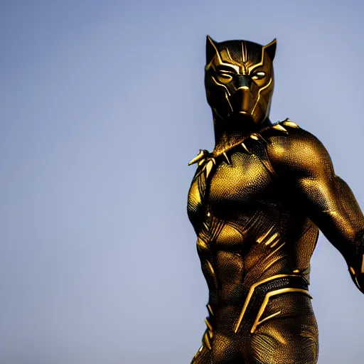 Image similar to a close up photo of a detailed golden statue of Black Panther, 8K,