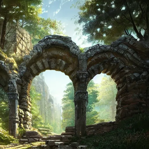 Image similar to concept art painting of an ornate ancient stone archway, in the woods, realistic, detailed, cel shaded, in the style of makoto shinkai and greg rutkowski and james gurney