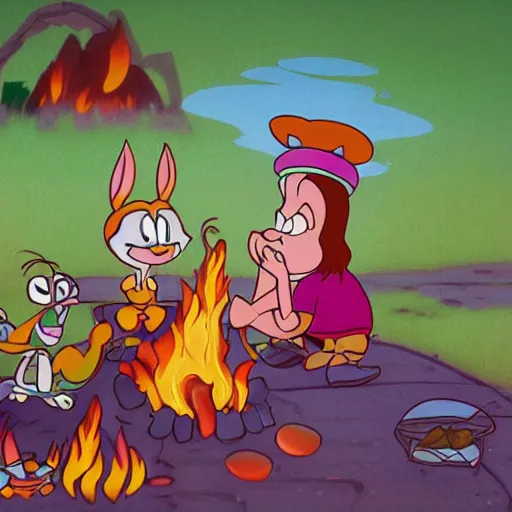 Image similar to full body portrait of Esmerelda (Tiny Toons (1990)) sitting around a campfire telling stories with her friends, in style Goro Fujita, 3D, UE5, ultra high textures, dark vignette, burning embers, nostalgic, muted colors, desaturated, volumetric, slightly drunk, candy rush, autochrome, tranquil, starry night, marshmallows, s'mores, highly detailed, busy, 4K, 8K, HQ