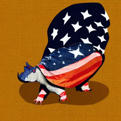 Image similar to t-shirt design, armadillo patriot potus, modern art placed in a large living room, superrealism 3d 8k resolution