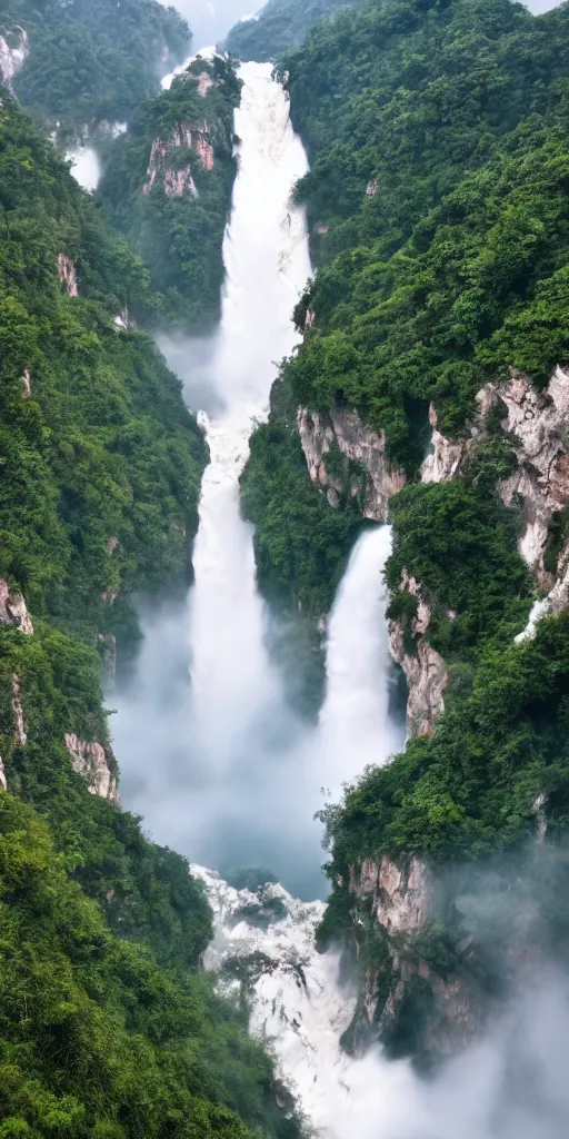 Image similar to Cloudy peak in southern China with a waterfall, the style of National Geographic magazine