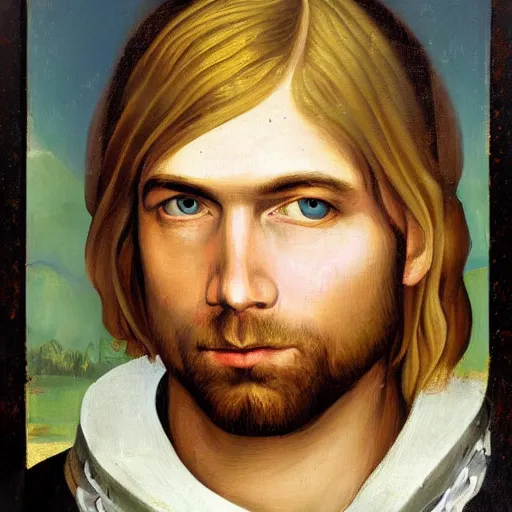 Image similar to a renaissance style portrait painting of Kurt Cobain