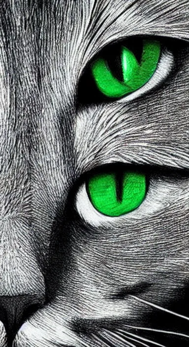 Prompt: highly detailed realistic pencil sketch on expensive paper of a beautiful cat with big green eyes in front of the universe