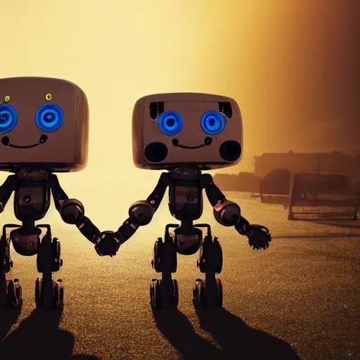 Image similar to 2 robots holding hands while watching the apocalypse, cinematic, 4k