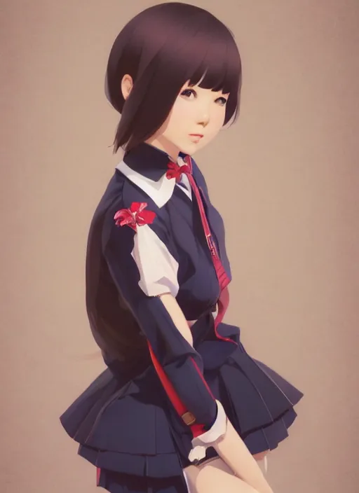 Prompt: gorgeous feminine Japanese schoolgirl, elaborate polished, trending on ArtStation, by Apofiss, Ilya Kuvshinov, Krenz, Cushart, Greg Rutkowski, sublime-classy-dignified ambience, 16k, sharp focus, volumetric lighting