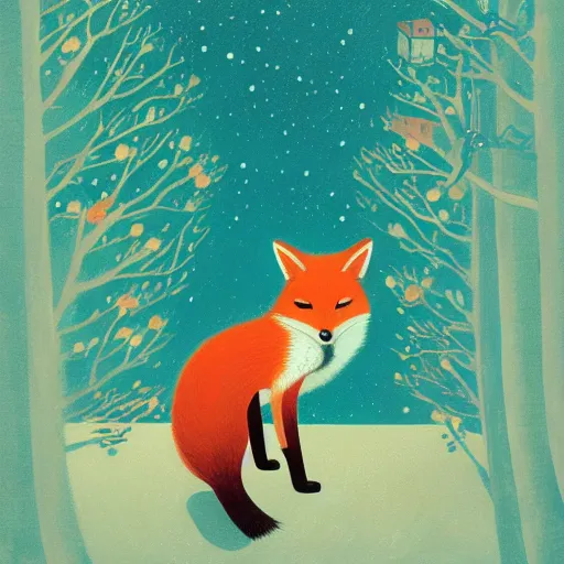 Image similar to little curious fox on the prowl oil painting victo ngai