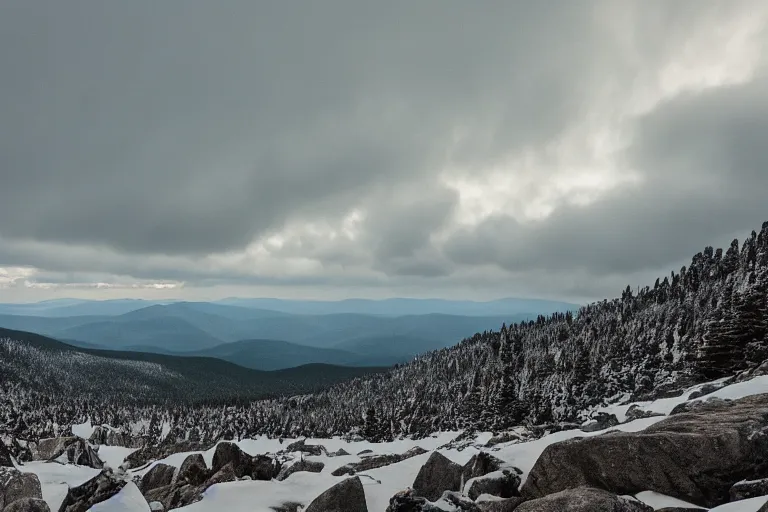 Prompt: franconia ridge, a mountain covered in snow and rocks under a cloudy sky, a tilt shift photo by david budd, trending on unsplash, hudson river school, high dynamic range, still from grand theft auto 5, rockstar advanced game engine