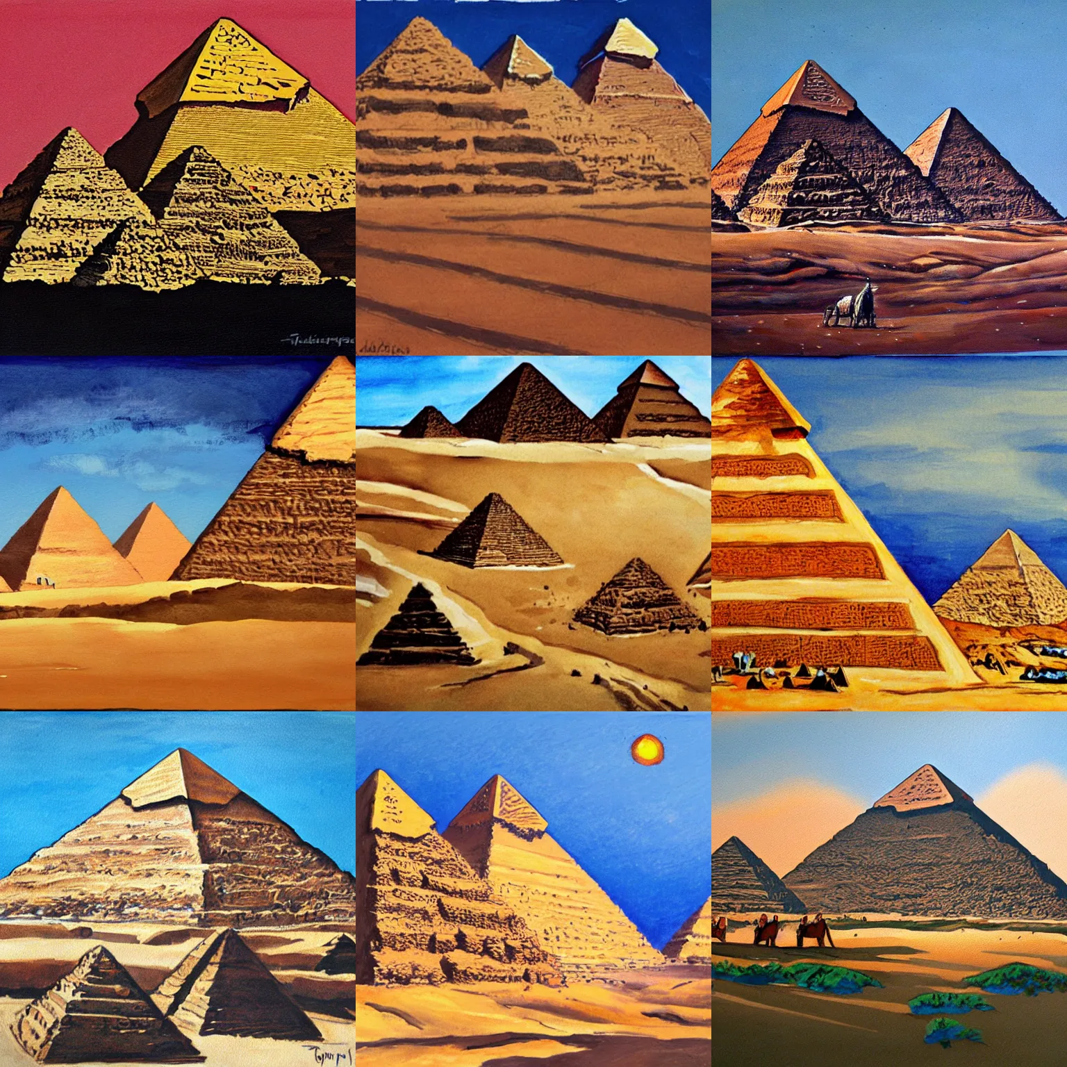 Prompt: the pyramids of giza, gouache painting, deviantart