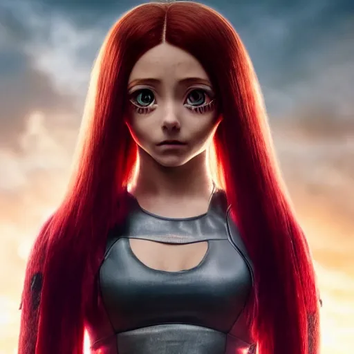 Image similar to cinematic still of red - haired ariana grande in alita : battle angel ( 2 0 1 9 ), xf iq 4, f / 1. 4, iso 2 0 0, 1 / 1 6 0 s, 8 k, raw, dramatic lighting, symmetrical balance, in - frame