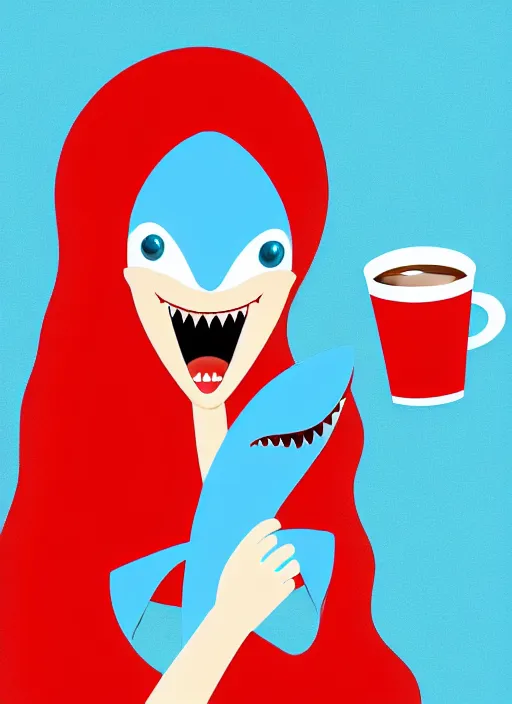 Image similar to female anthropomorphic blue shark with red hair holding a cup of coffee, digital art