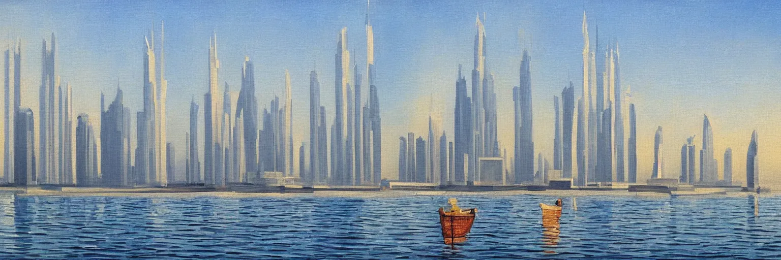 Prompt: dubai cityscape oil painting magritte