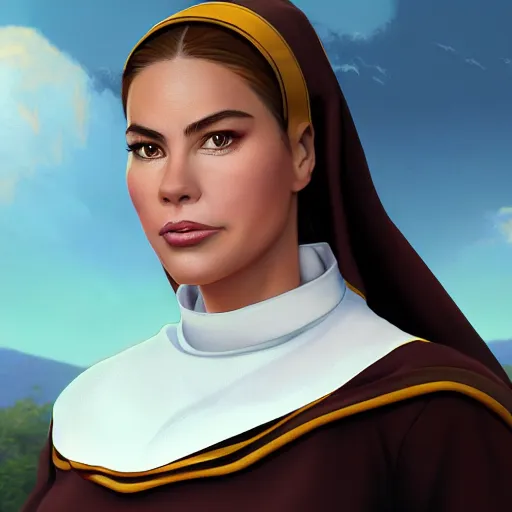 Prompt: A portrait of Sofia Vergara wearing a nuns habit, extra detailed, digital illustration, by Makoto Shinkai and thomas kinkade, digital painting, Matte painting, trending on artstation and unreal engine