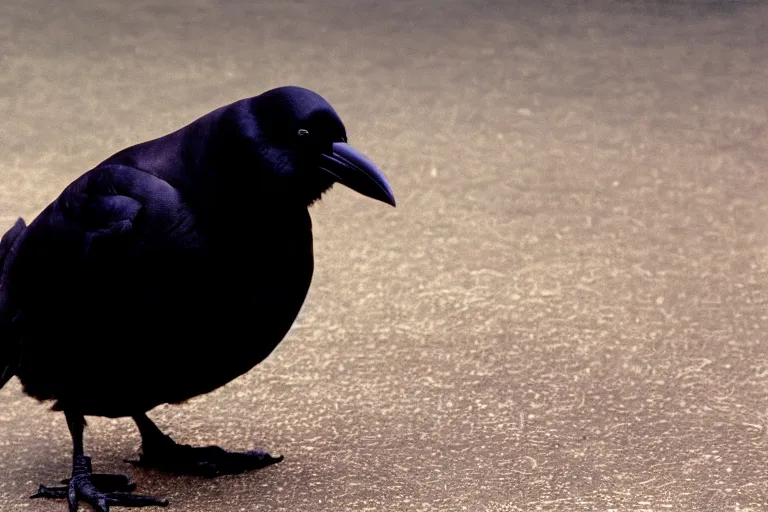 Image similar to close up of a obese crow with a round body short legs and large black beak, high resolution film still, film by Jon Favreau