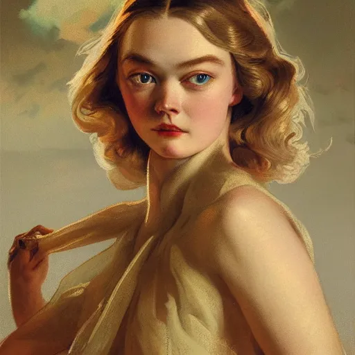 Image similar to leyendecker and peter paul rubens, head and shoulders portrait of a elle fanning, nighttime, on the beach, starry sky, unreal engine, fantasy art by global illumination, radiant light, detailed and intricate environment