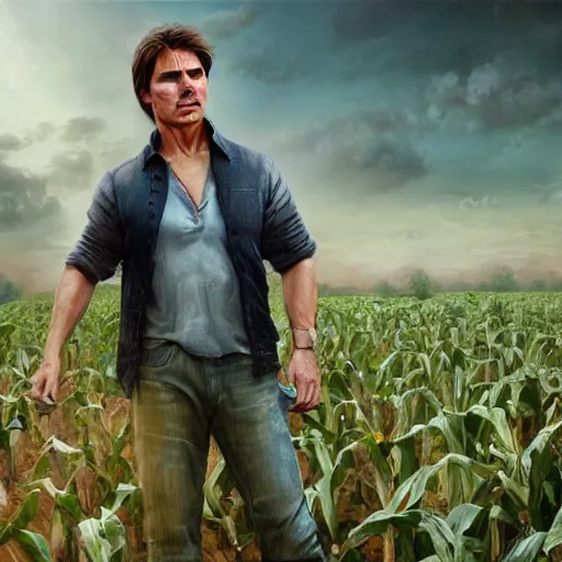 Image similar to Tom Cruise as a corn farmer, high resolution fantasy concept art, intricate details, soft lighting