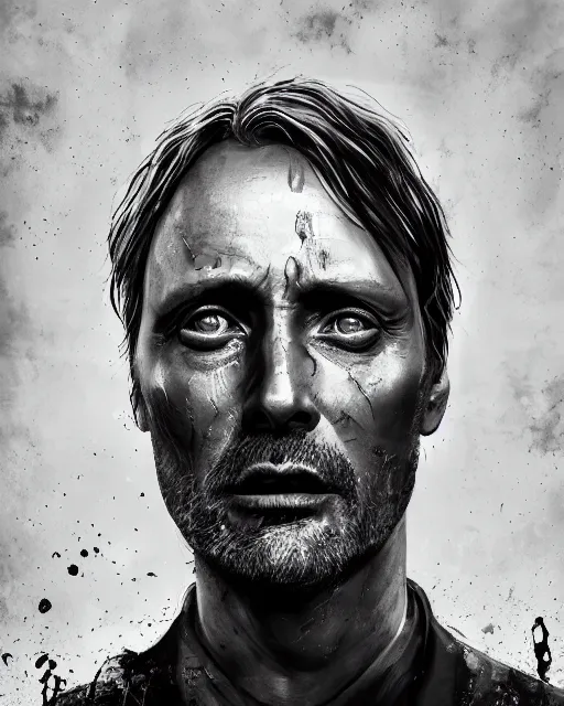 Image similar to mads mikkelson as clifford unger from death stranding wearing military fatigues, weeping tears of tar, mysterious portrait, cinematic lighting, black background, digital painting photoshop, ultra detailed hdr 8 k