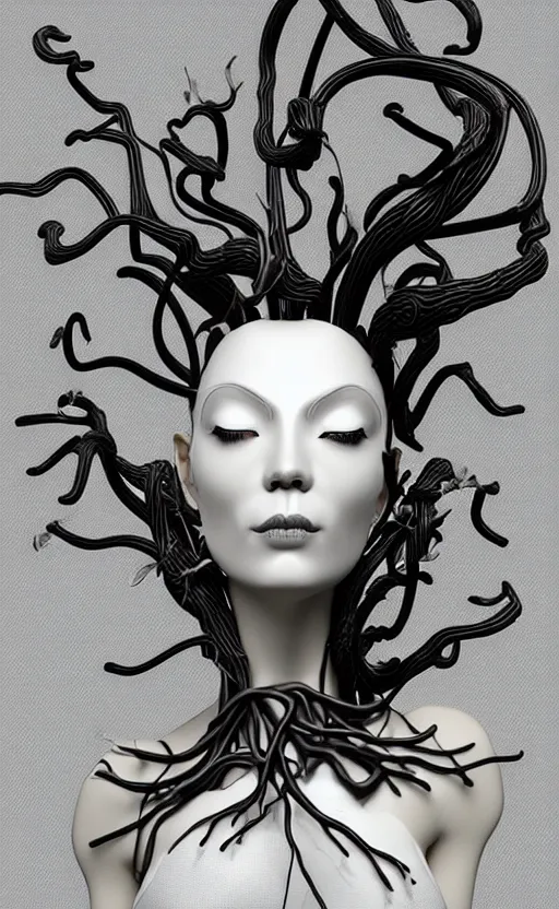 Prompt: black and white complex 3d render of 1 beautiful profile woman porcelain face, vegetal dragon cyborg, 150 mm, sinuous silver metallic ghost orchid and magnolia stems, roots, leaves, fine foliage lace, maze-like, black metalic carbon armour with silver details fractal, anatomical, surrounded by smoke, facial muscles, cable wires, microchip, elegant, highly detailed, rim light, octane render, H.R. Giger style, David Uzochukwu
