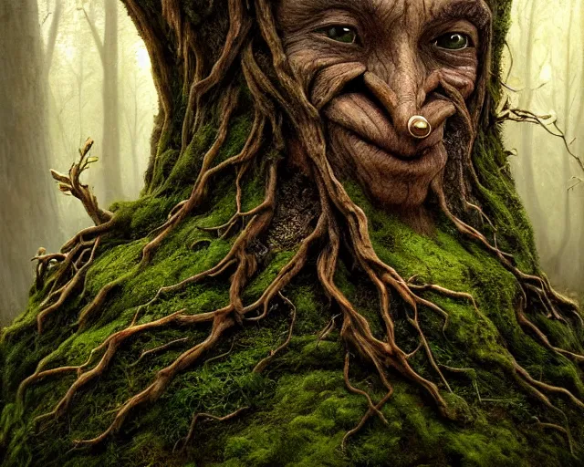 Image similar to a talking oak tree, a face in the bark, nose made of wood, eyes in the bark, fantasy concept art, leaves and moss, digital painting, oil painting, hyperrealistic, beautiful, treebeard, ent, highly detailed, soft lighting, golden sunlight, very detailed eyes, artstation, cgsociety, in the forest, by alan lee, by artgerm