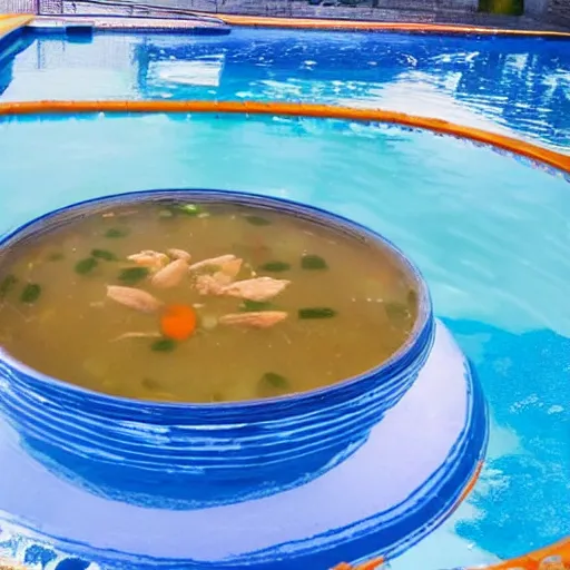 Image similar to a giant swimming pool but instead of water it is chicken soup