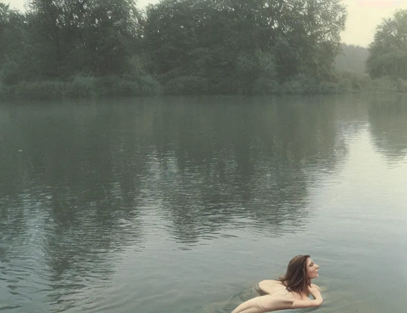 Prompt: woman swimming in the lake, country style, Cinematic focus, Polaroid photo, vintage, neutral colors, soft lights, foggy, by Steve Hanks, by Andrei Tarkovsky, by Terrence Malick, 8k render, detailed, oil on canvas, wide shot