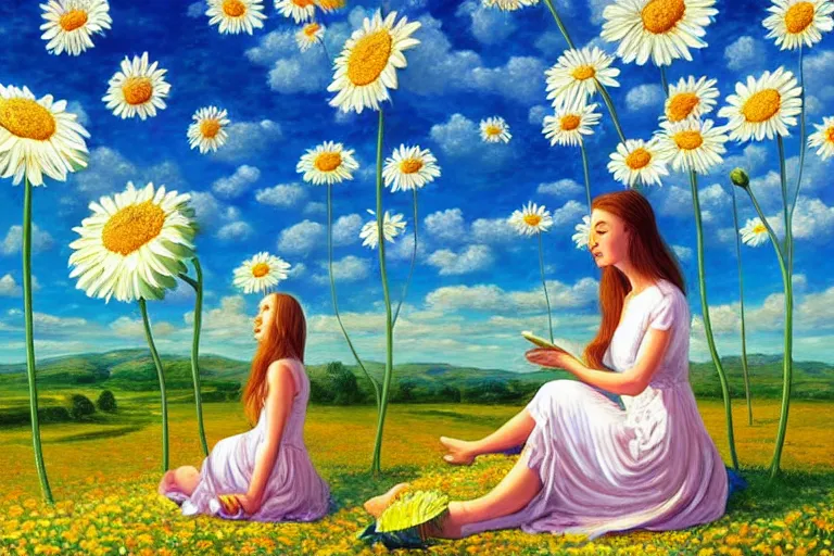 Image similar to giant daisy flower head, woman sitting, surreal, clouds in sky, impressionist painting, digital painting, artstation, rob gonsalves