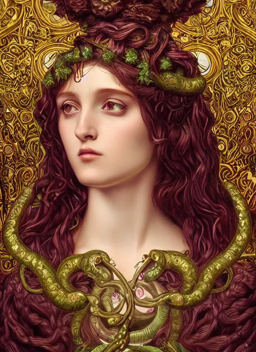 Prompt: ultradetailed ornate pre-raphaelite RPG illustration of beautiful symmetric Medusa radiating glowing aura, fully clothed with an art nouveau flowery dress, digital airbrush painting, 3d rim light, hyperrealistic masterpiece, artstation, cgsociety, kodakchrome, golden ratio