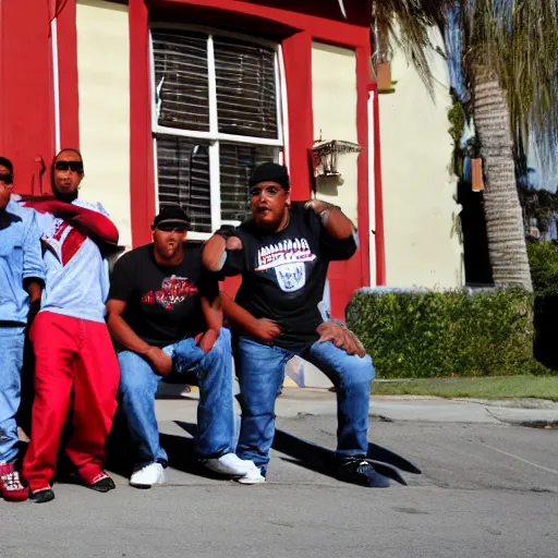 Image similar to Bloods gang posing in front of old house on Los Angeles street, two red lowrider beside