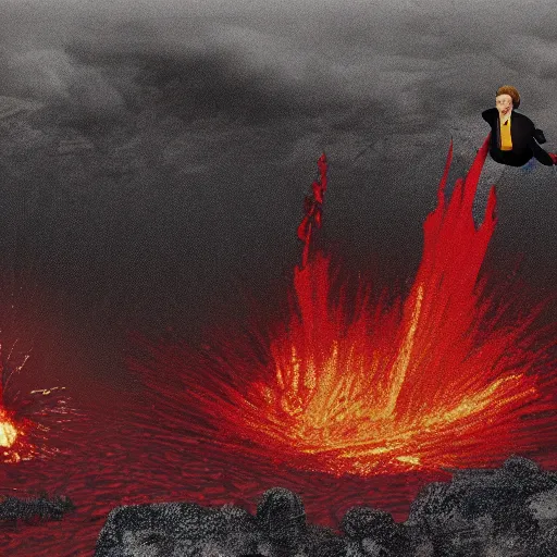 Prompt: Margaret Thatcher being thrown into a volcano by an angry mob, digital art, highly detailed