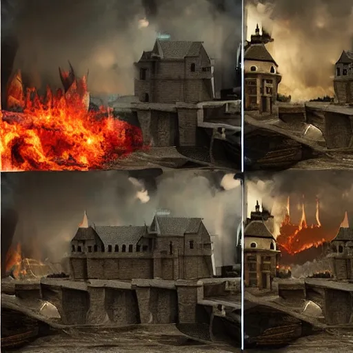 Prompt: Before and after picture of a castle currently under siege, fantasy, hyper realism, 8k resolution, flames, war, death