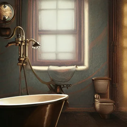 Prompt: steampunk bathroom in the warm morning light, bath, sink, perfumes, machines, beautifully lit, painting, high resolution, trending on artstation