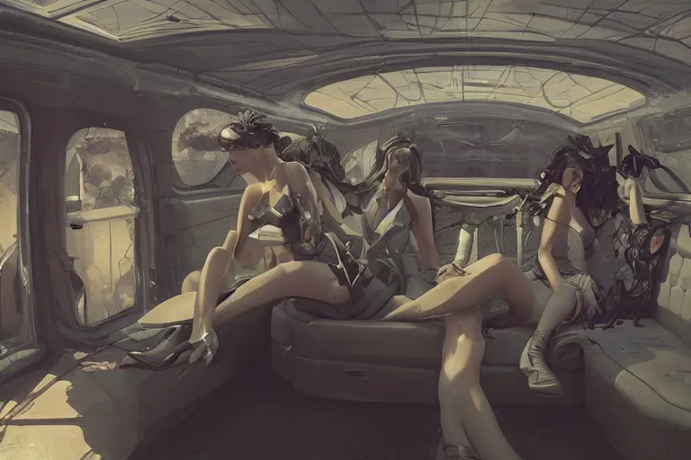 Image similar to several beautiful women in the interior of a cynerpunk limousine, by BROM, by Greg Rutkowski, 3d scene, render, ultra realistic, artstation, cgsociety, level design, unreal engine, 3d scene, zenith view