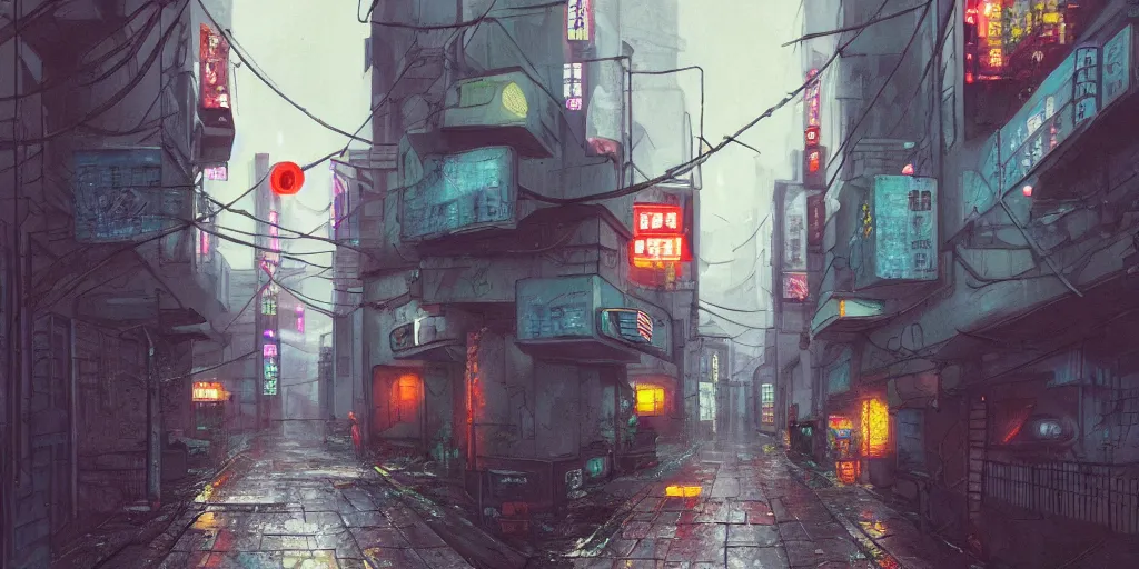 Prompt: Cyberpunk back alley on a rainy day in Japan, low angle view, detailed matte painting, cinematic, Simon Stalenhag, Artstation