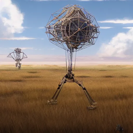 Prompt: a strandbeest in the middle of a field. landscape, concept art, in the style of wlop, rossdraws, ghibli, digital art, artstation trending