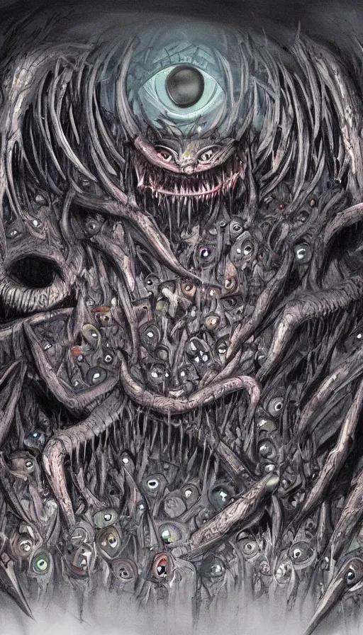 Image similar to a storm vortex made of many demonic eyes and teeth, by disney concept artists