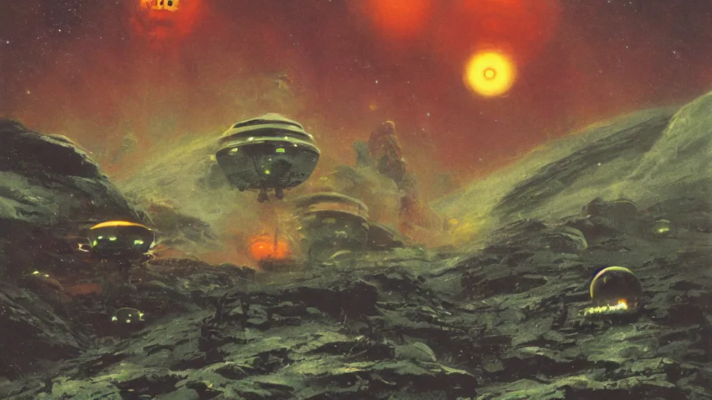 Image similar to eerie atmospheric alien planet with a small dropship pod landing by paul lehr and jack gaughan and john schoenherr, epic cinematic matte painting