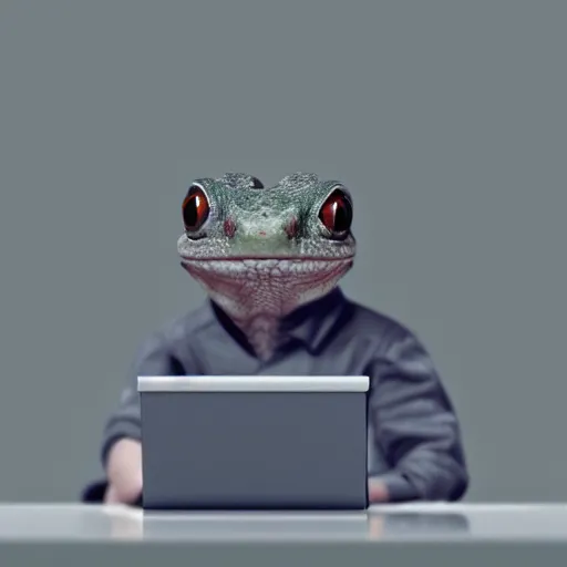 Image similar to portrait of a gecko working at a laptop, photorealistic, artstation, digital art 4k