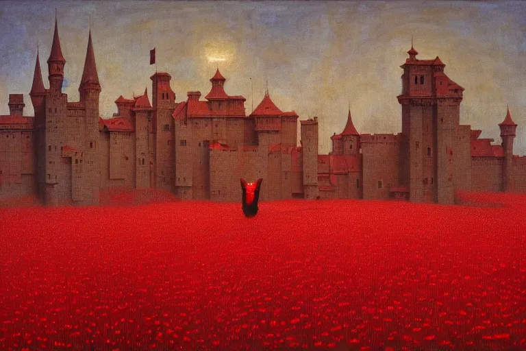 Image similar to only with red, red flowers of different types, a red tiger, a castle in the background, medieval demons dance over the flowers, an ancient path, in the style of beksinski, part by hopper, part by rodcenko, part by hofbauer, intricate composition, red by caravaggio, insanely quality, highly detailed, masterpiece, red light, artstation