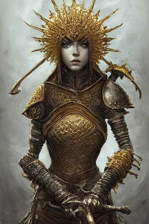 Prompt: portrait of a Girl Knight,Dark Souls 3 themed, insanely detailed and intricate, golden ratio, elegant, ornate, luxury, elite, ominous, haunting, matte painting, cinematic, cgsociety, James jean, Brian froud, ross tran, Laputa