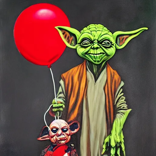 Image similar to grunge painting of yoda with a wide smile and a red balloon by chris leib, loony toons style, pennywise style, corpse bride style, horror theme, detailed, elegant, intricate