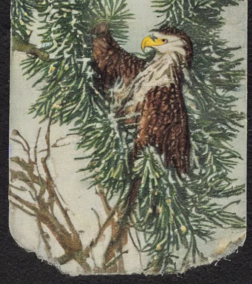 Image similar to tattered postcard of 'an eagle in the nest of a snowy pine tree'