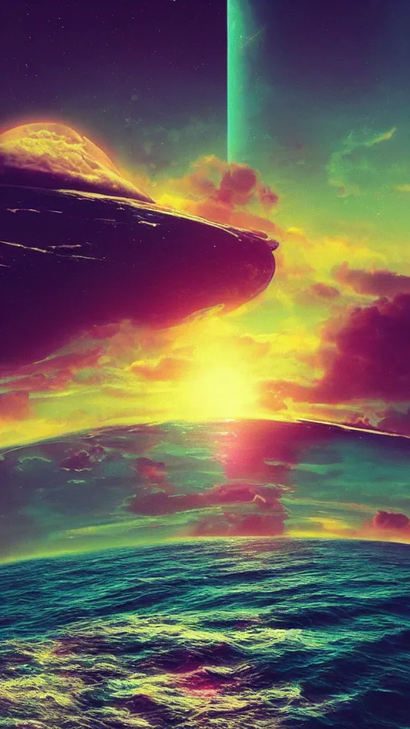 Prompt: beach horizon view of the ocean on an alien planet, vaporwave ocean, planet in space over the horizon, trending on artstation, digital art by beeple