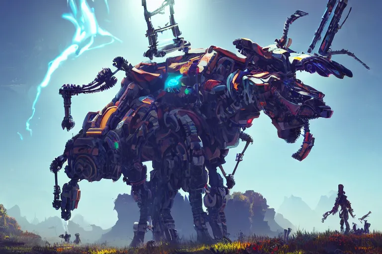 Image similar to grazer machine mecanical creature robot of horizon forbidden west horizon zero dawn radiating a glowing aura global illumination ray tracing hdr fanart arstation by ian pesty and alena aenami artworks in 4 k