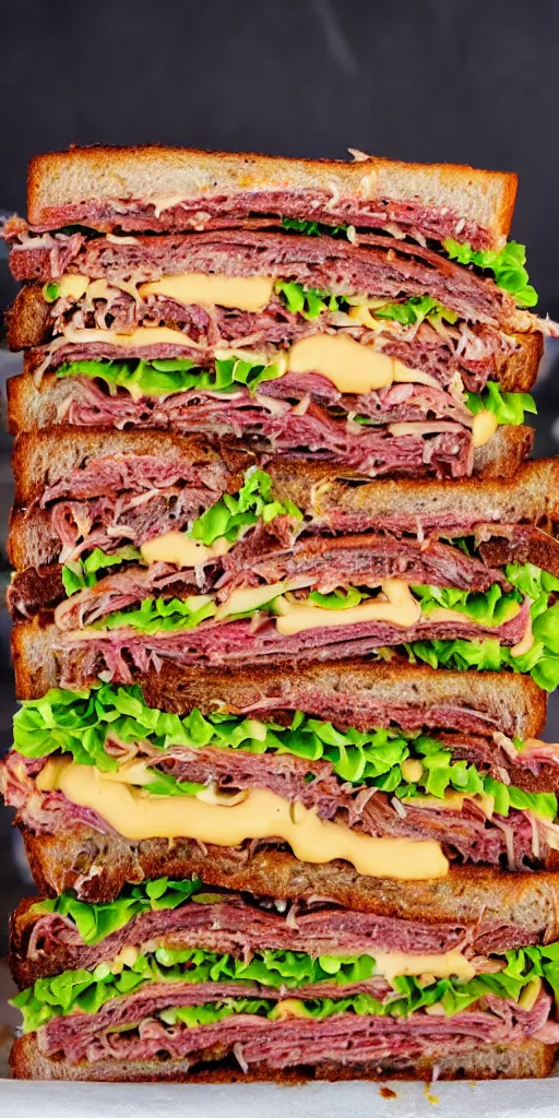 Prompt: a photograph of a rueben tower sandwich filled with so much 4 lbs of cornbeef roasted meat that the sandwich, it looks mouth watering with melting cheeses and grilled onions, 1 0 0 0 island dressing and pumpernickle bread cooked to perfection, food photography