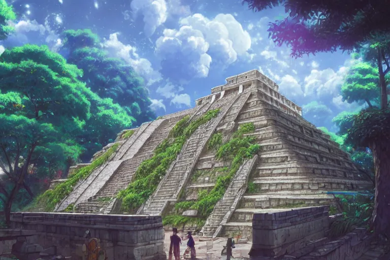 Prompt: A beautiful ultradetailed anime illustration of a A ancient Palenque, mayan city by beeple, 2D Game Background, Side Scrolling, Seamless, Parallax by makoto shinkai, and thomas kinkade, anime art wallpaper 4k, trending on artstation