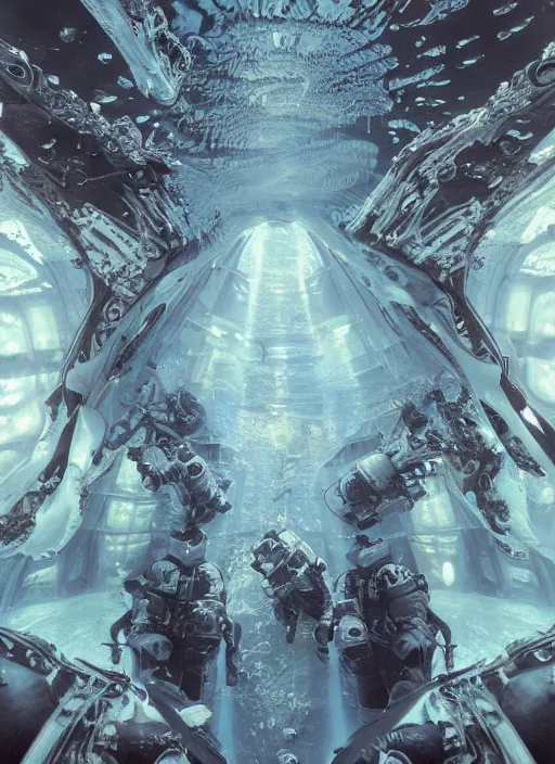 Prompt: astronauts in dark and empty void underwater - complex and hyperdetailed technical suit. mandelbulb fractal. reflection and dispersion materials. rays and dispersion of light. volumetric light. 5 0 mm, f / 3 2. noise film photo. flash photography. ultra realistic, wide angle. poster by wayne barlowe, hajime sorayama aaron horkey, craig mullins