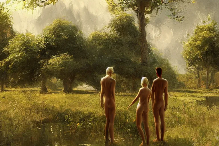 Image similar to adam and eve next to a tree and a lake, digital painting by craig mullins, by mattias adolfsson,