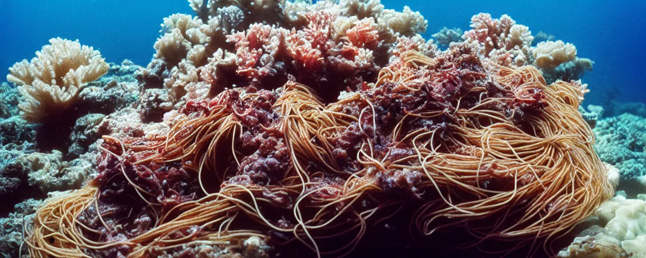 Prompt: spaghetti growing underwater in a corral reef, sigma 1 0 0 mm, in the style jacques cousteau, kodachrome