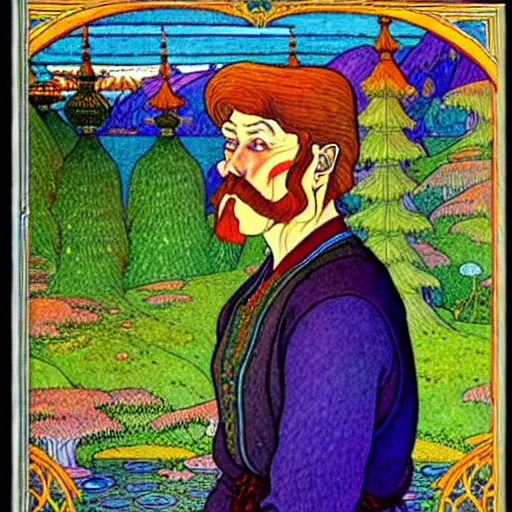 Image similar to a portrait of a character in a scenic environment by ivan bilibin